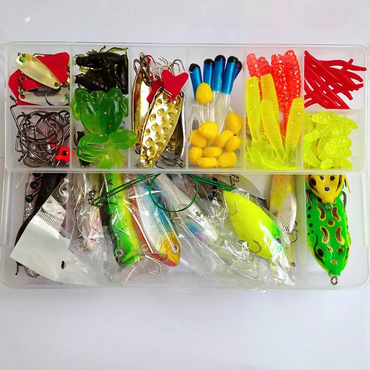 142-piece fishing lure set showing hard mino lures, sequins, fishhooks, and fishing pliers arranged together