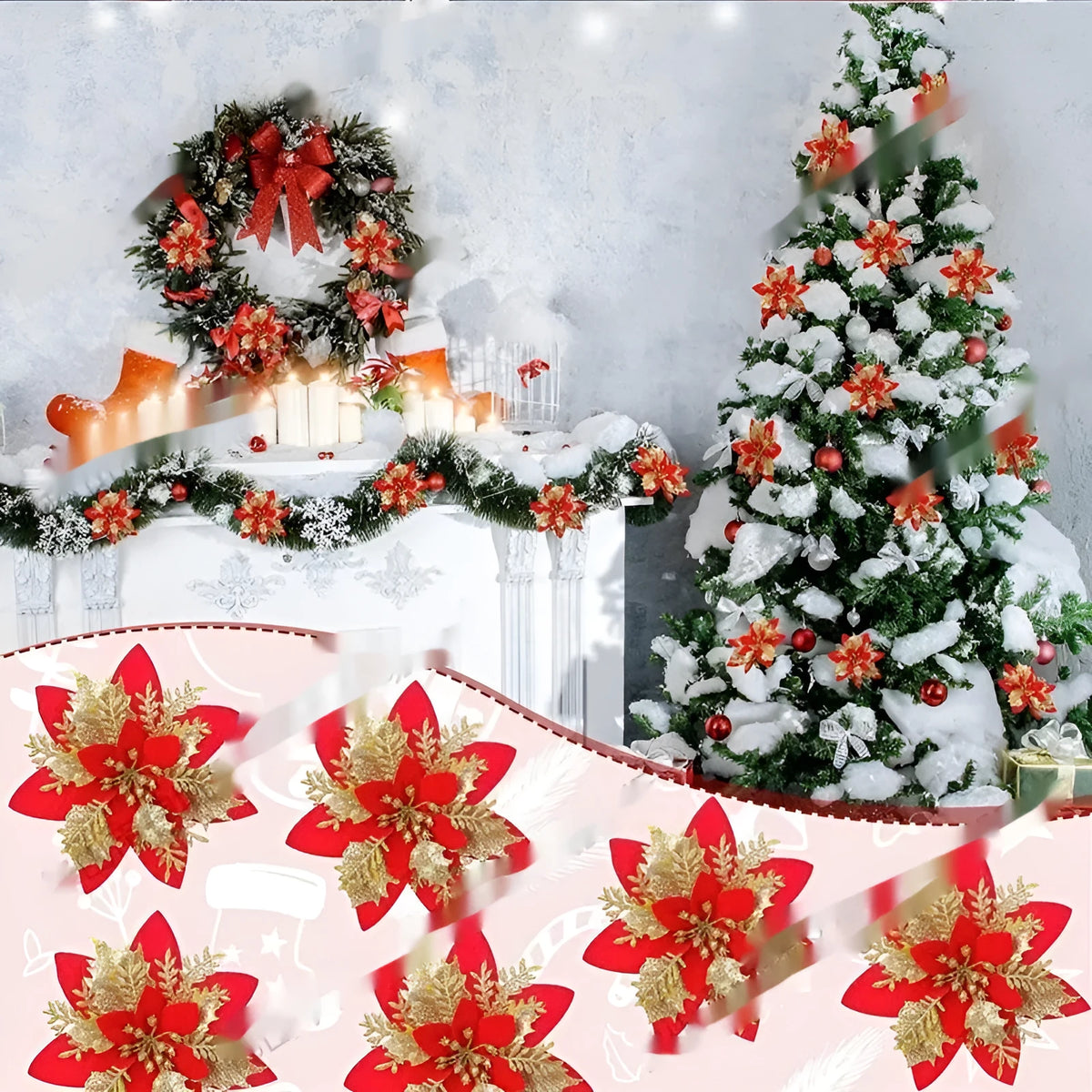 14cm gold artificial Christmas flower with double-layer blossom on white background