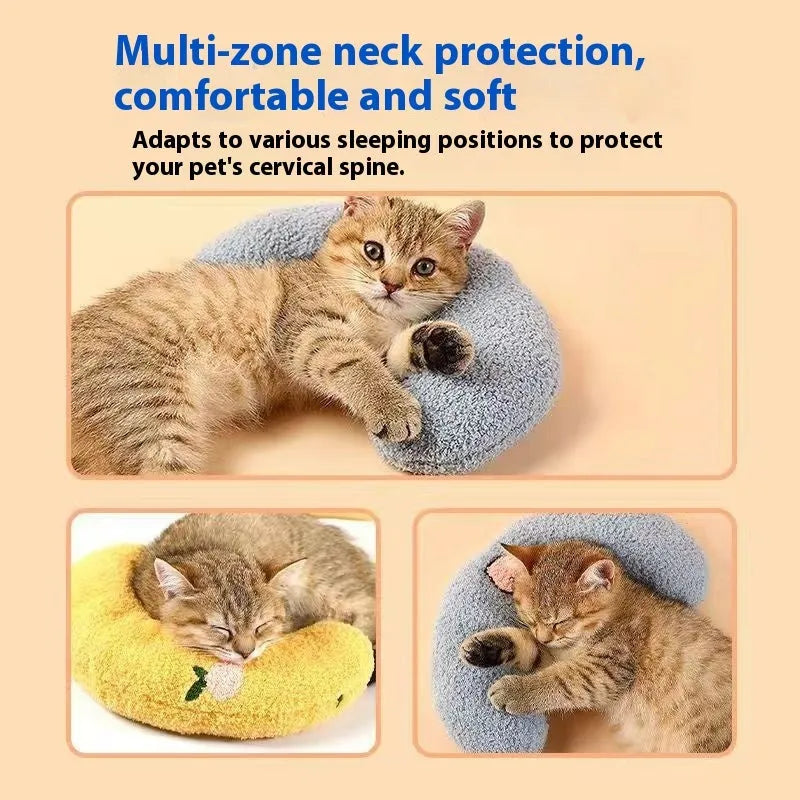 Blue and yellow cat sleeping mats with U-shaped neck pillows in moon and question mark shapes on a white background.