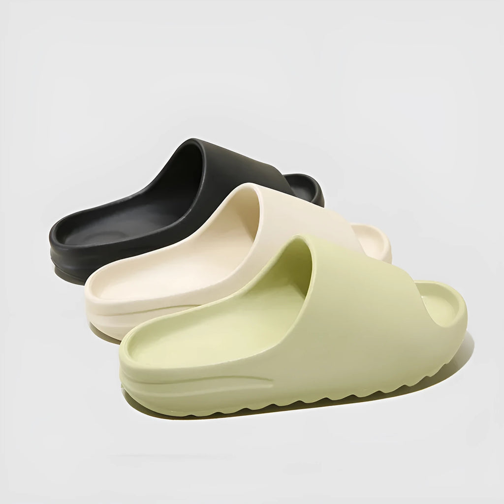 Women's thick sole heightened slippers in beige, black, or fruit green with EVA non-slip sole and arch support footbed.