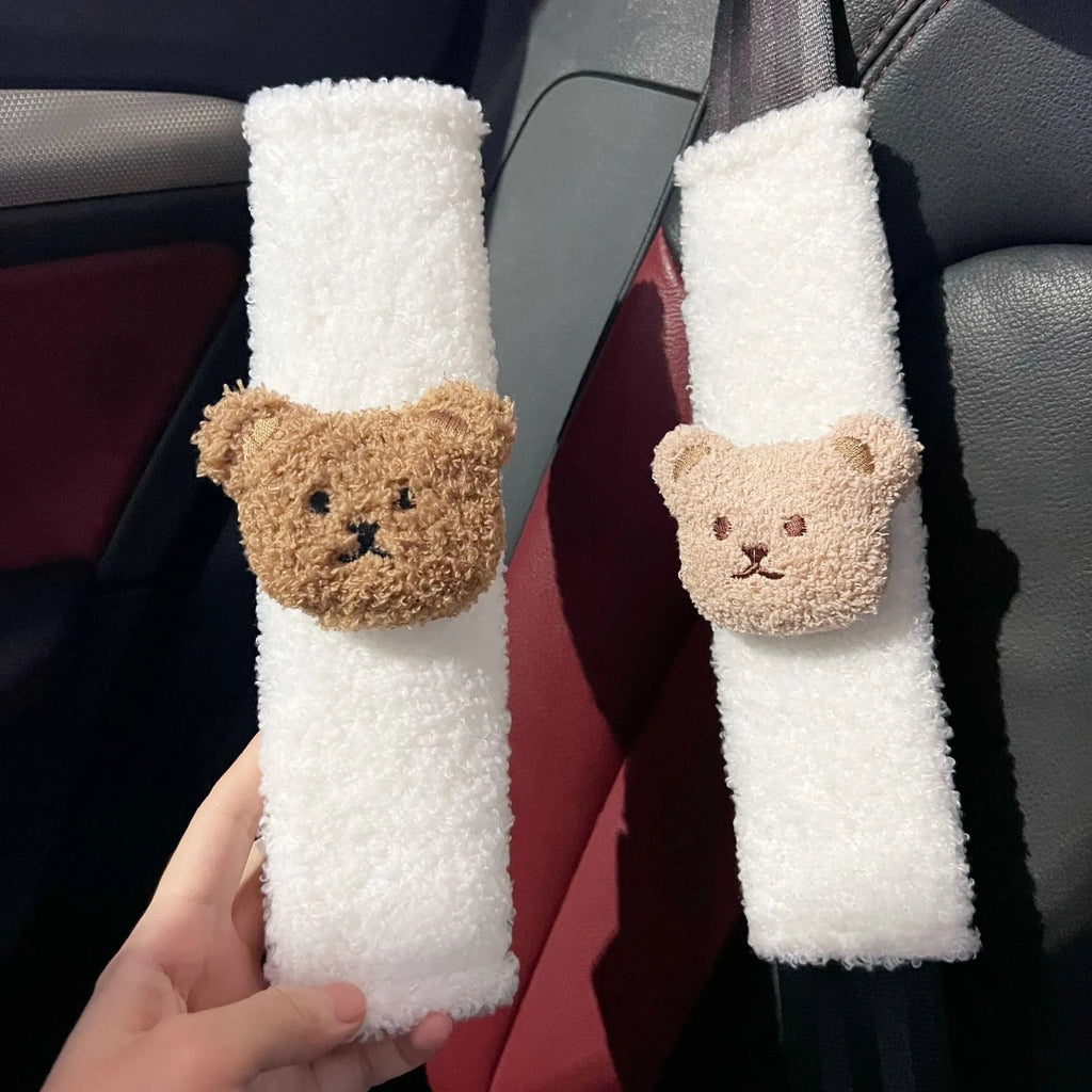 Cartoon bear plush car seat belt cover shoulder protector 25cm length khaki coffee bear design