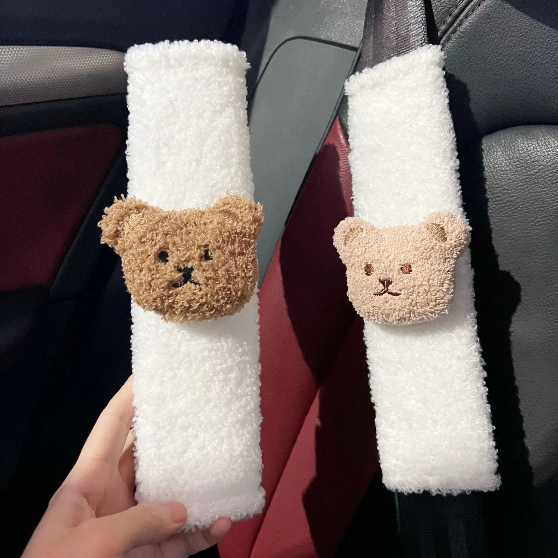 Cartoon bear plush car seat belt cover shoulder protector 25cm length khaki coffee bear design