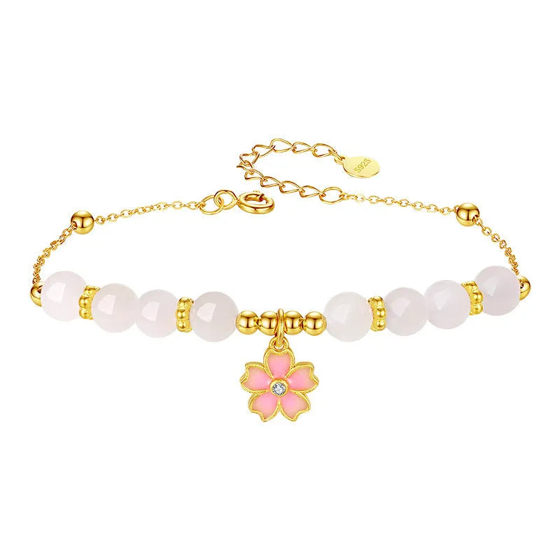 Pink S925 silver bracelet with gradient epoxy cherry blossom pendant and Hetian jade beads