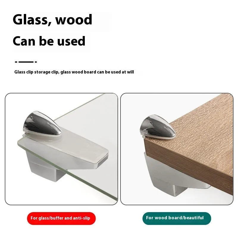 Electroplated metal adjustable clip for holding glass partitions or plates, shown in two different style options.
