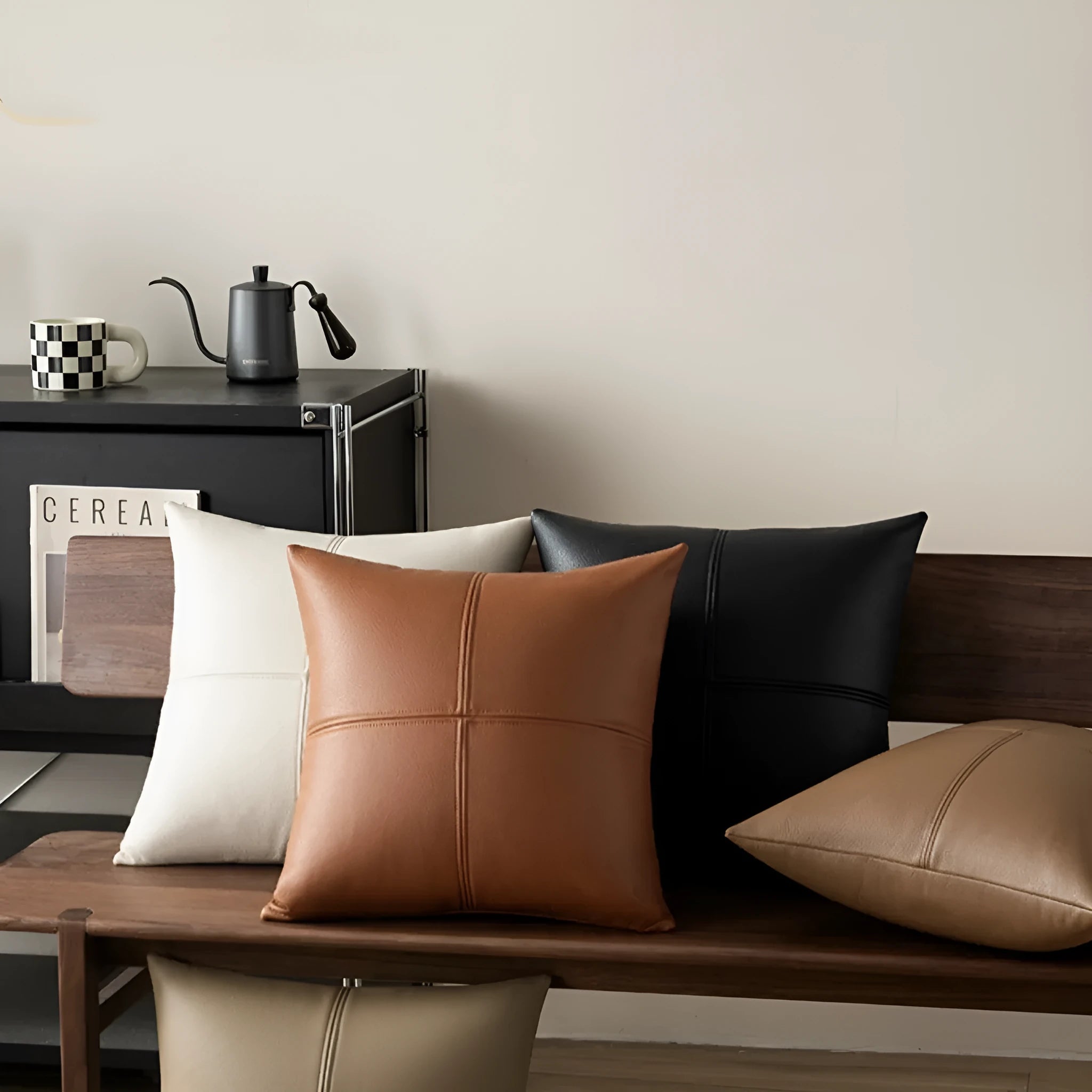 Soft cowhide leather solid colour pillow cover in Nordic style, shown in a beige tone.