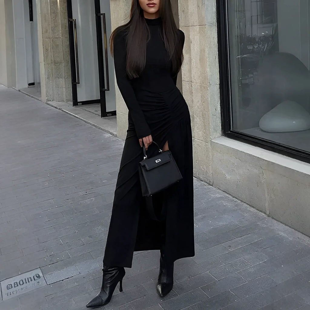Black long sleeve high-waist long skirt dress polyester pullover style women casual wear