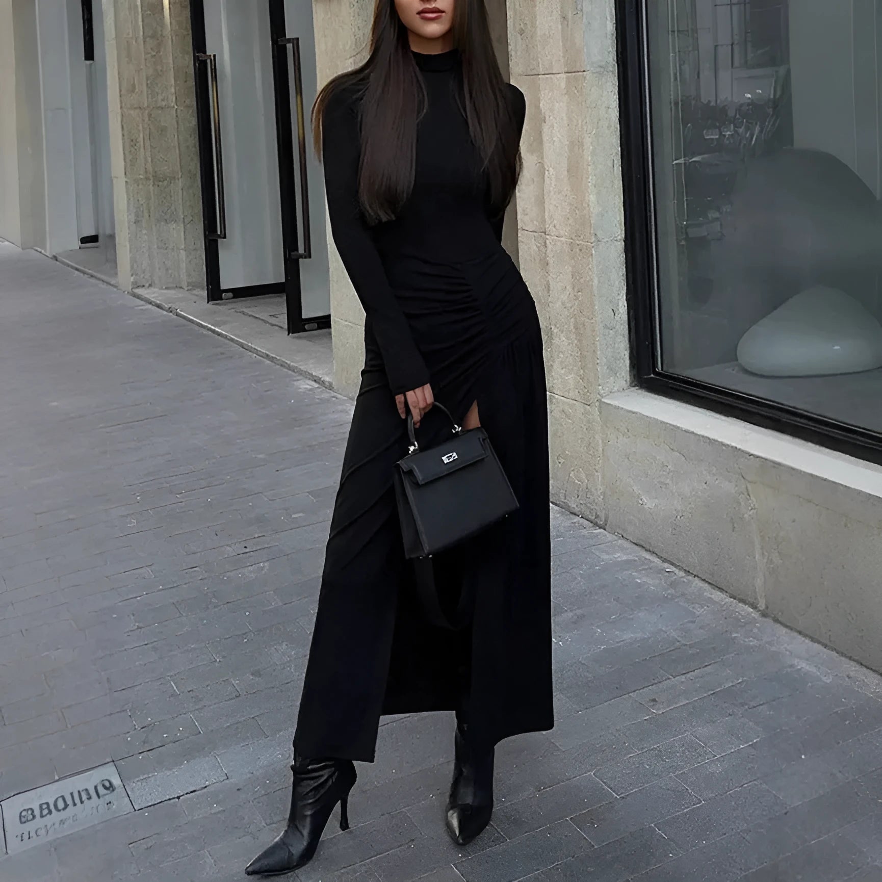 Black long sleeve high-waist long skirt dress polyester pullover style women casual wear
