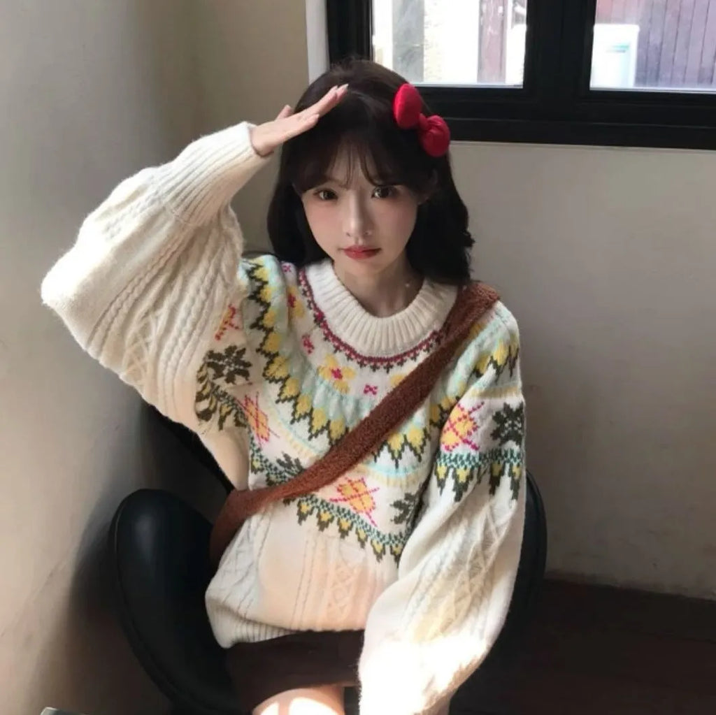 Women's milky white mori knitwear pullover sweater with lantern sleeves and loose fit