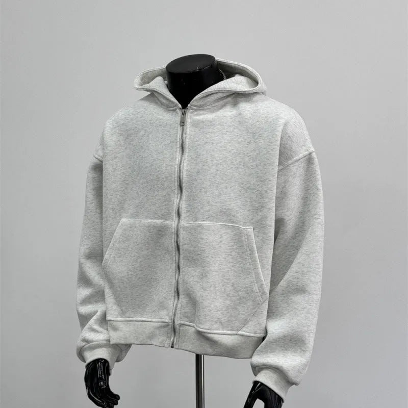 Men's light grey hooded hoodie with schoolbag design, polyester cotton blend fabric, shown front view