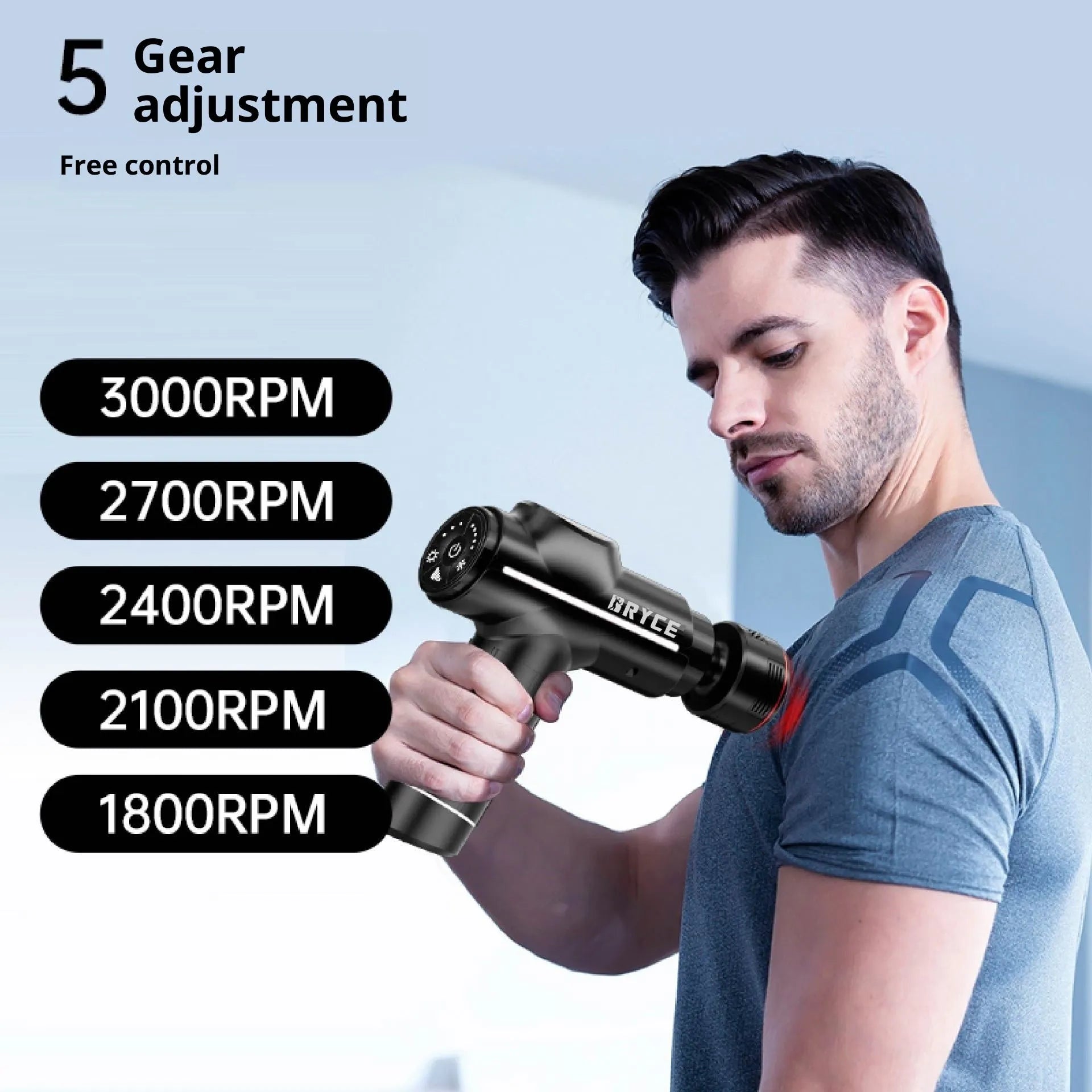 Black hot and cold massage gun with brushless motor, LED screen, dimensions 155x46x170mm