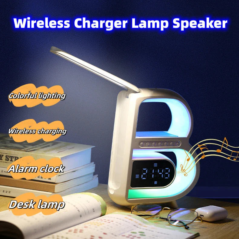 B-shaped Bluetooth desk lamp with wireless charging, adjustable lighting, and alarm clock features