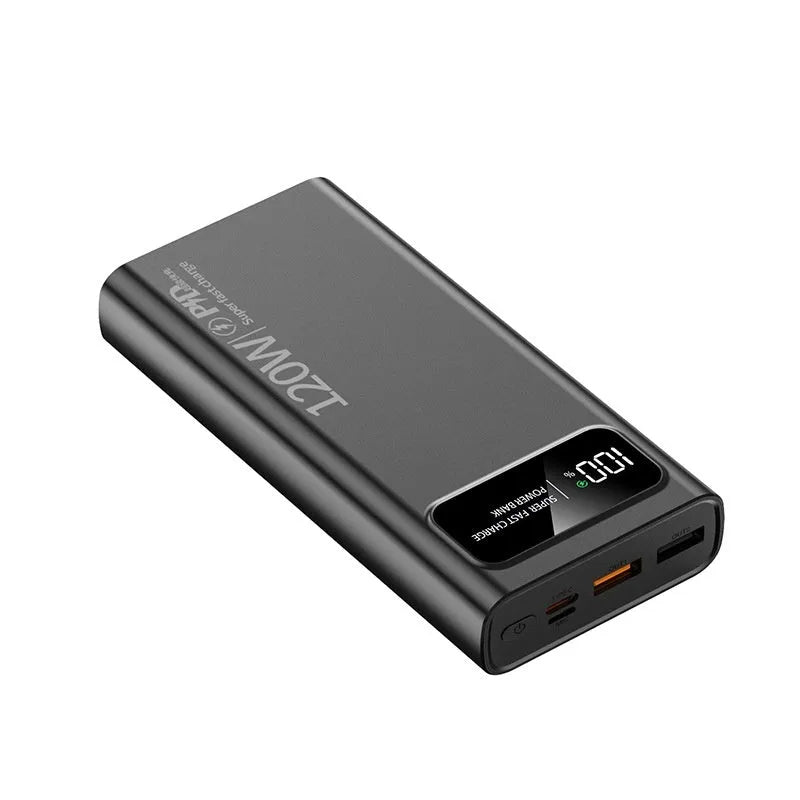 120W 20000 MA power bank in cool black with fast charge capability, compact size 141x66x16mm