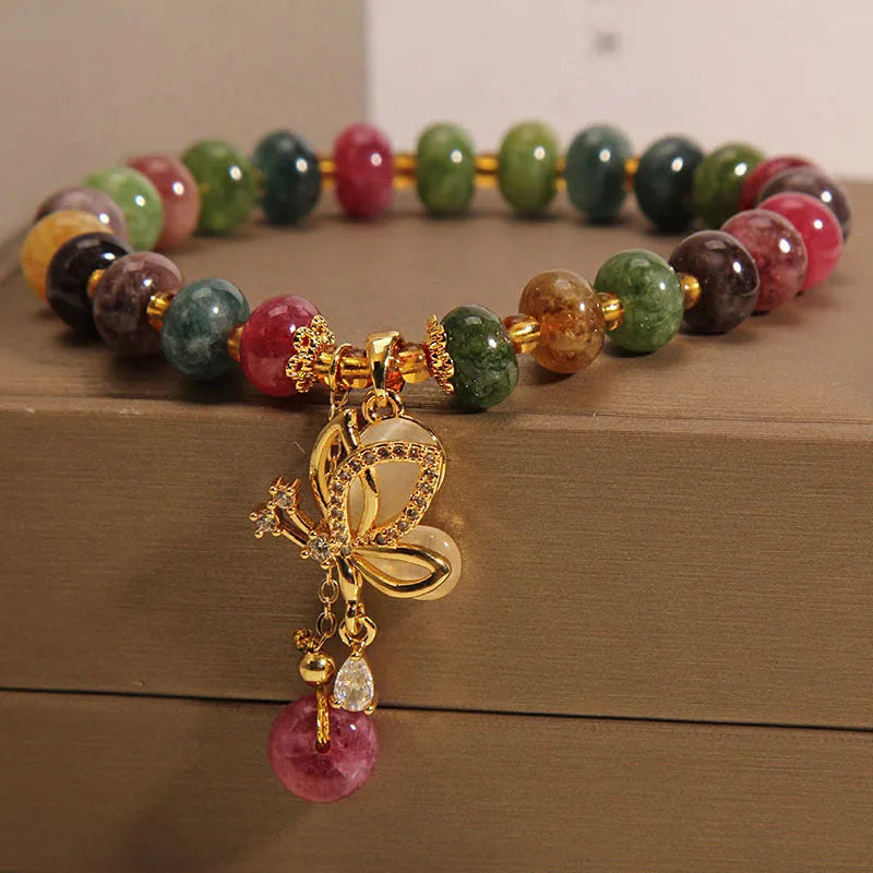 Colourful women's bracelet with alloy butterfly charm and tourmaline beads for casual wear