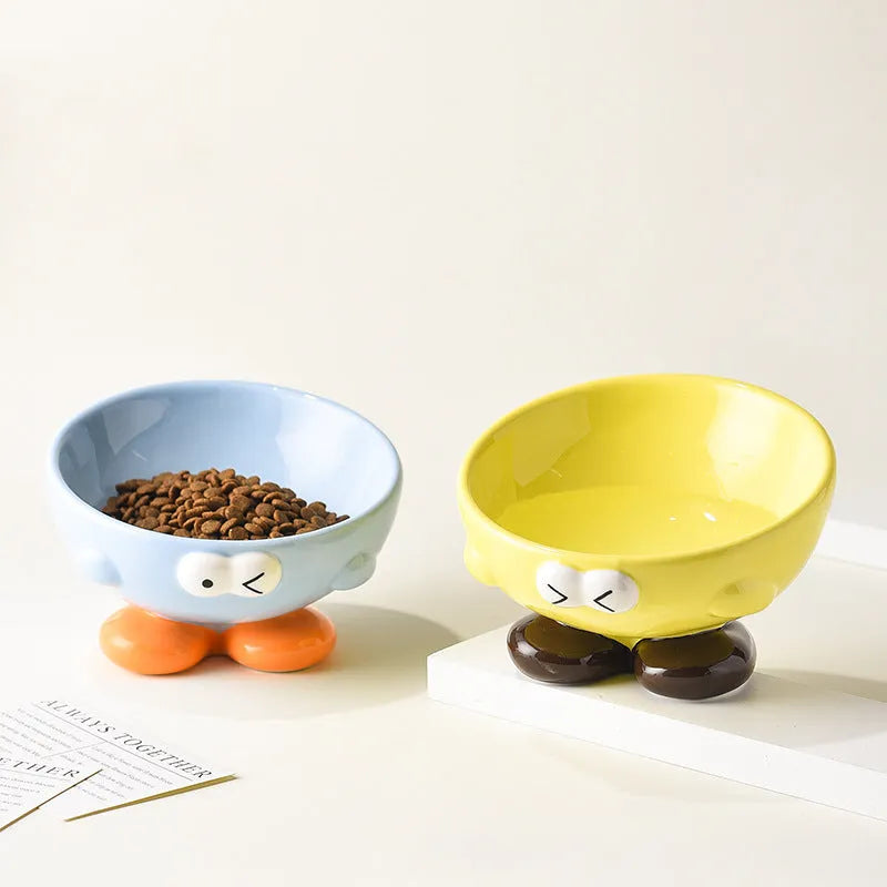 Ceramic pet bowl with oblique tall design in blue colour for cervical spine protection