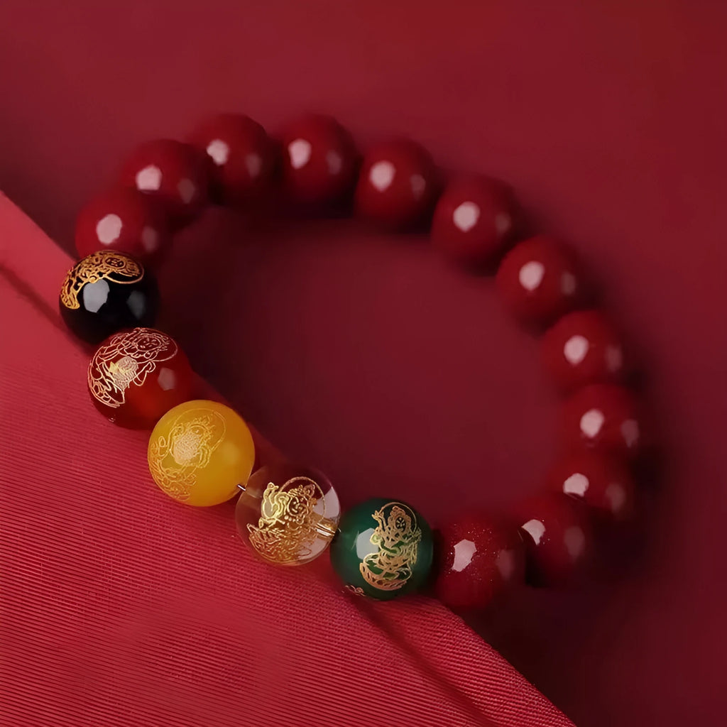 Cinnabar bracelet with five gods of wealth motif and animal modelling design in national style