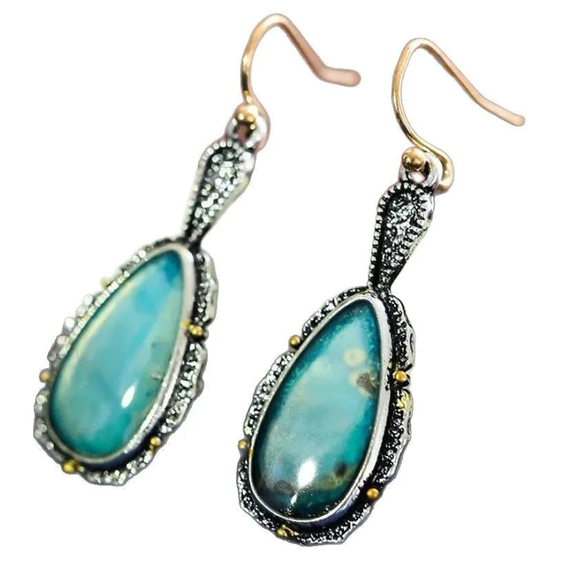 Antique silver turquoise vintage drop earrings teardrop petal Maillard style alloy women jewellery