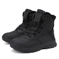 Men's black high-top lace-up winter boots with fleece lining, shown on a size label scale from 39 to 48.