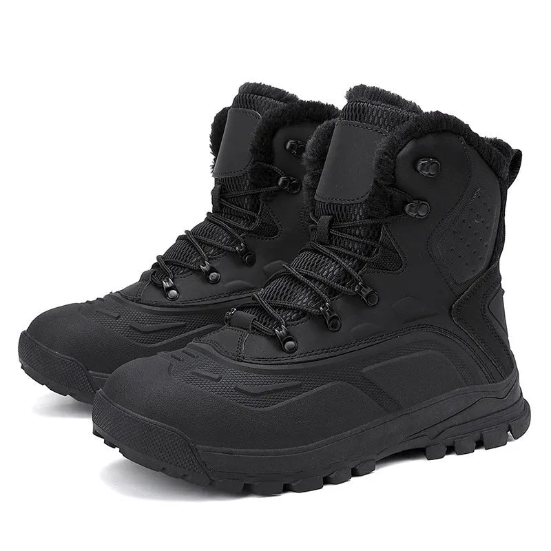 Men's black high-top lace-up winter boots with fleece lining, shown on a size label scale from 39 to 48.