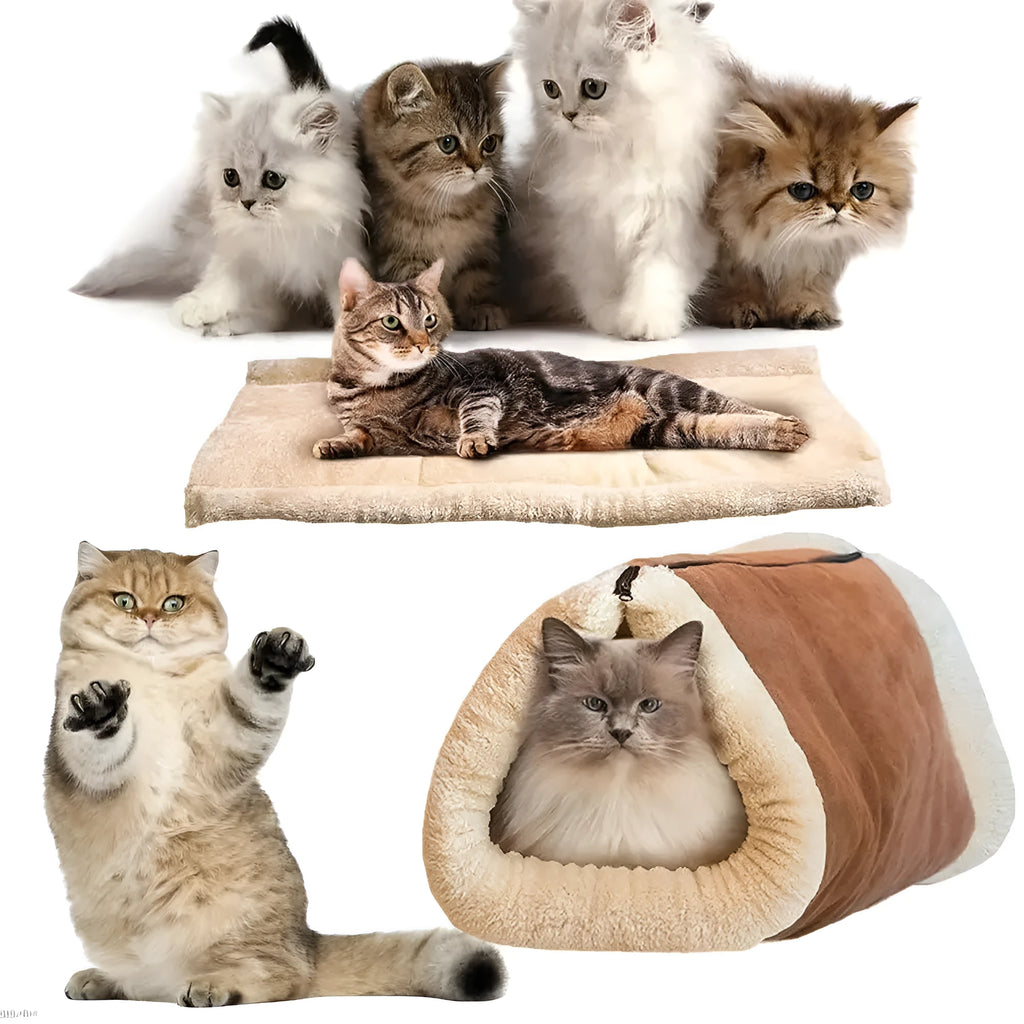 Brown foldable snooze tunnel mat for cats and dogs made from plush fleece with suede trim, unfolded size 28x25x50 cm