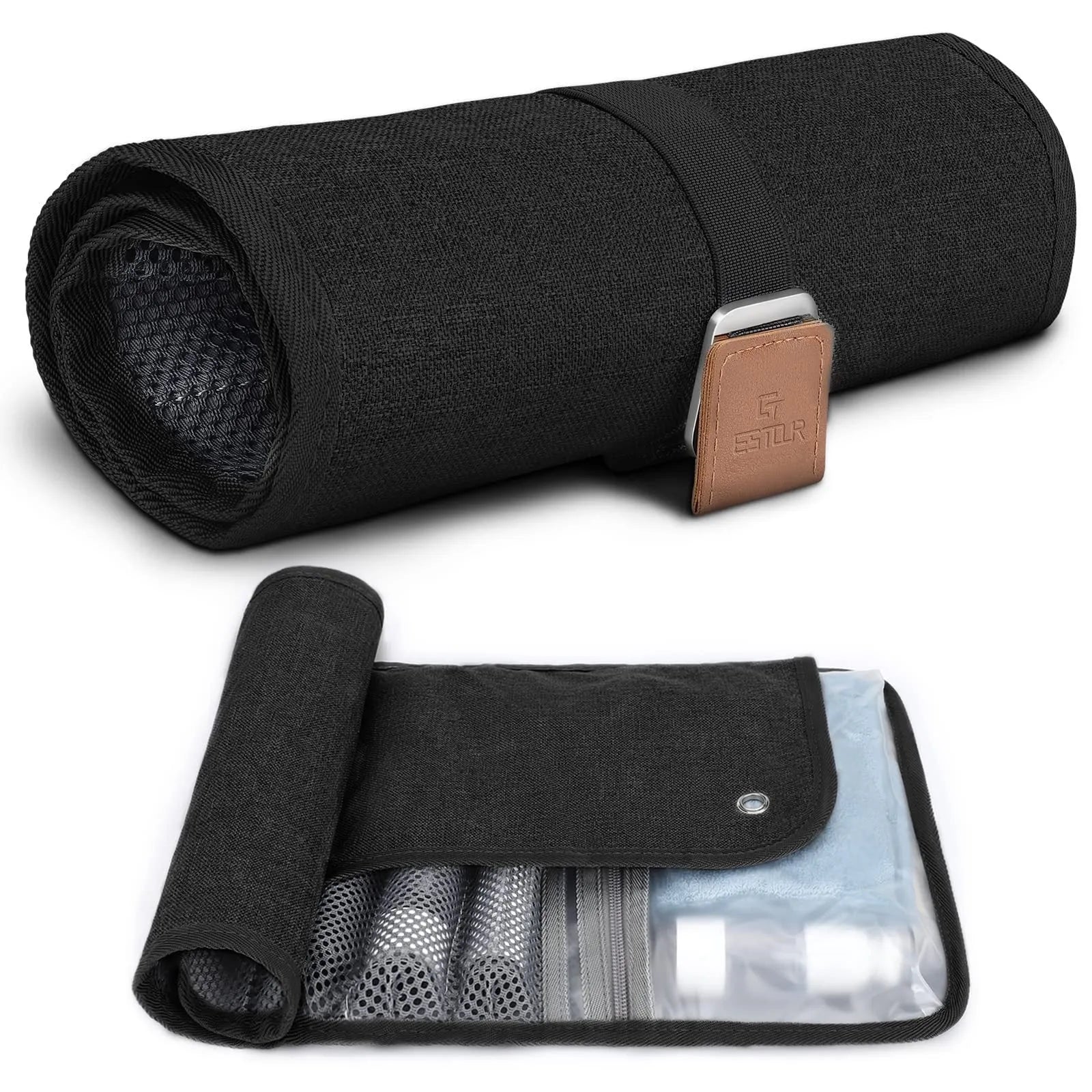 Men's black portable reel wash bag with simple modern design for travel storage