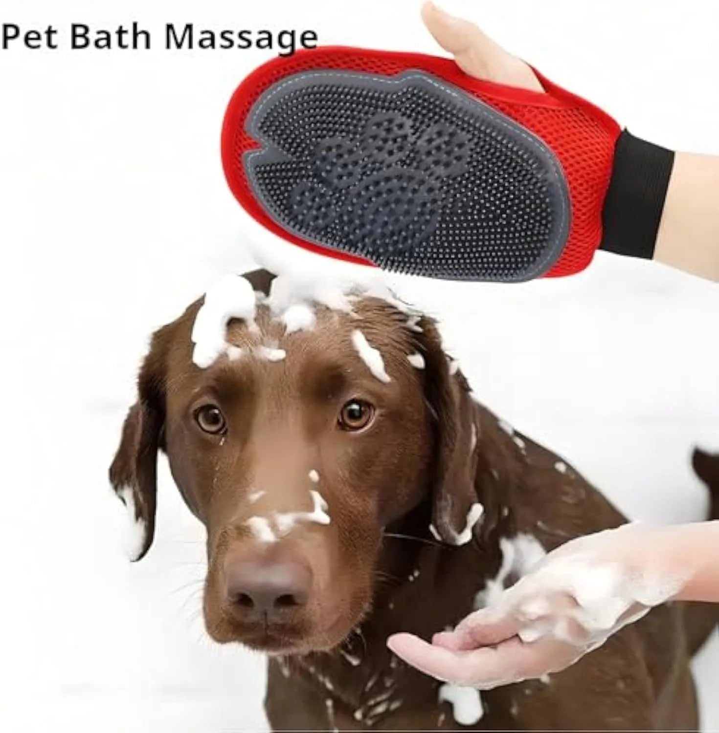 Red pet bathing glove with rubber brush surface for grooming and massage functions