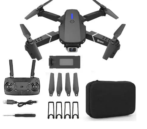 Grey foldable 4K dual camera aerial drone with remote controller and accessories