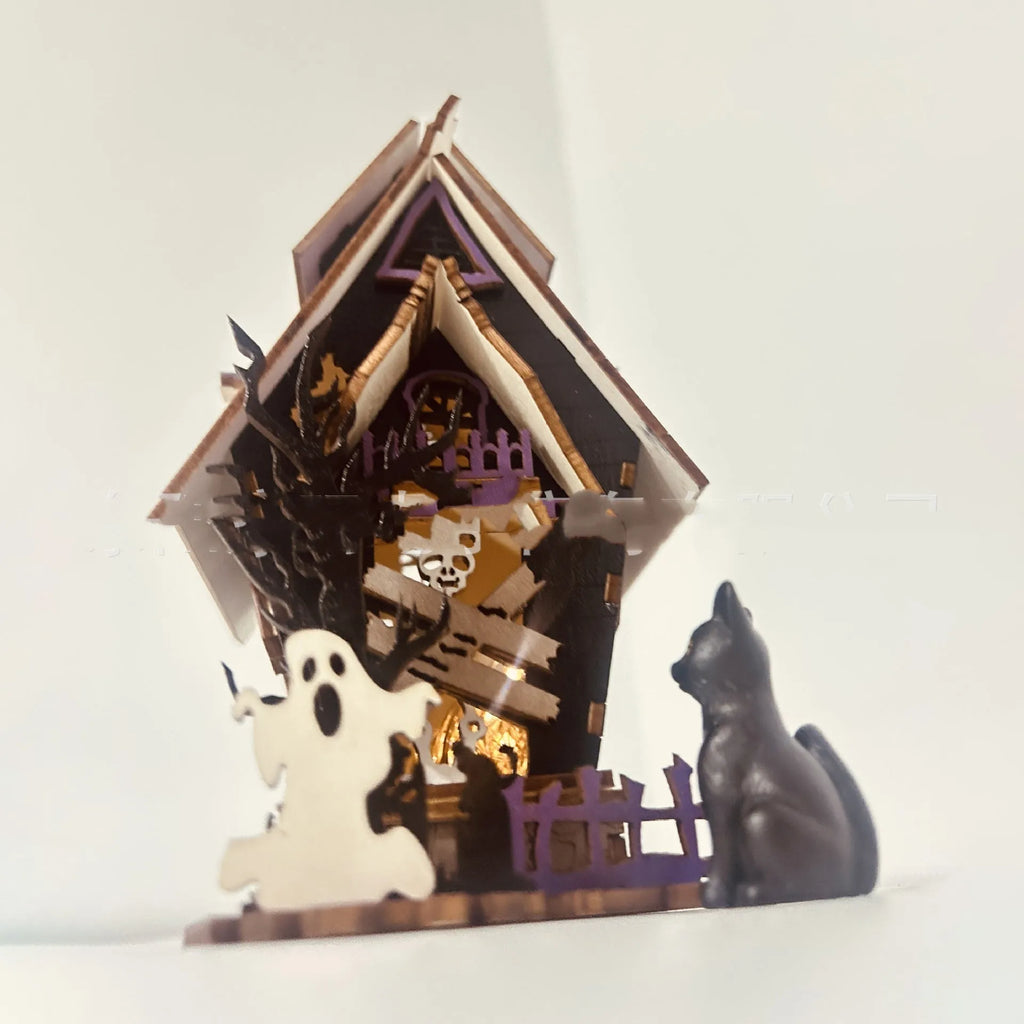 Wooden Halloween haunted house table decoration with candlestick design measuring 14x10.5x19cm