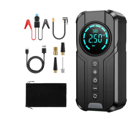 Portable wireless car tyre inflator pump with battery, accessories, and storage bag on a grey background