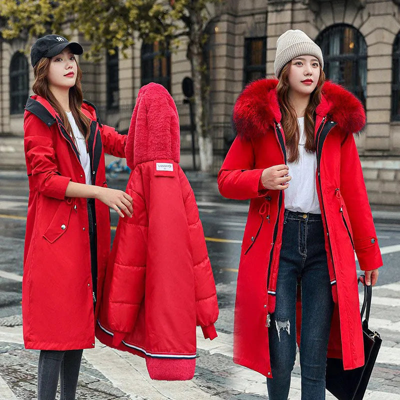 Women's long two-way cotton-padded fleece trench coat in bean green colour