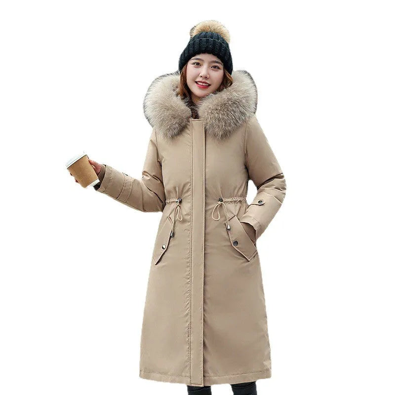 Women's long two-way cotton-padded fleece trench coat in bean green colour