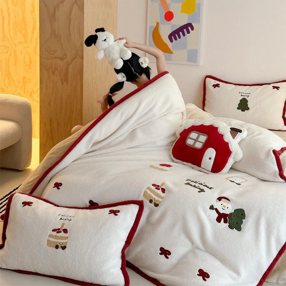 Cartoon winter bedding four-piece set with Xuefu Milk Pastry pattern in polyester material