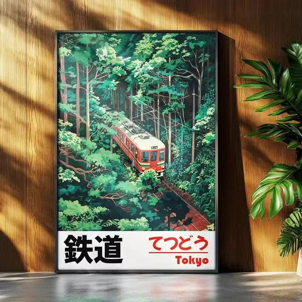 Retro Japanese landscape canvas print with railway scene, frameless Nordic wall art poster
