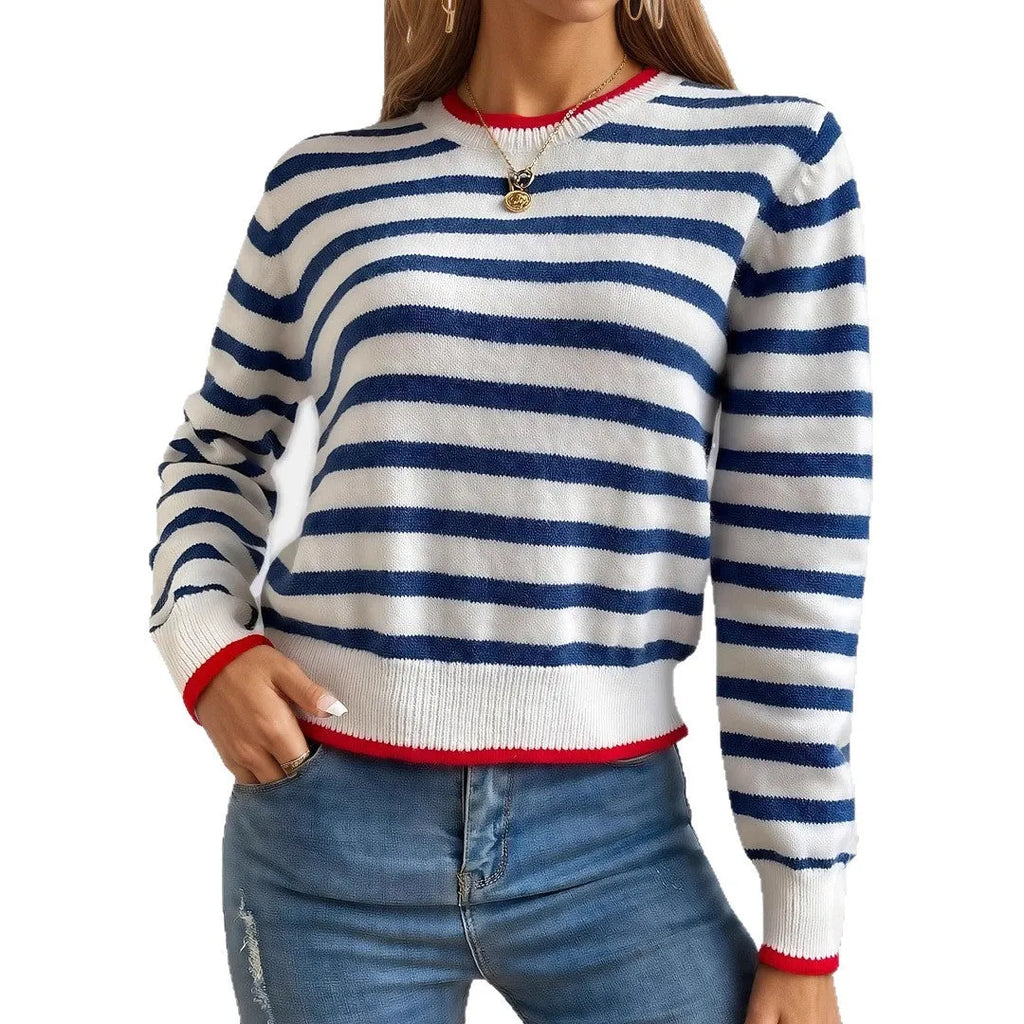Sapphire blue striped acrylic pullover sweater with round neck and long sleeves