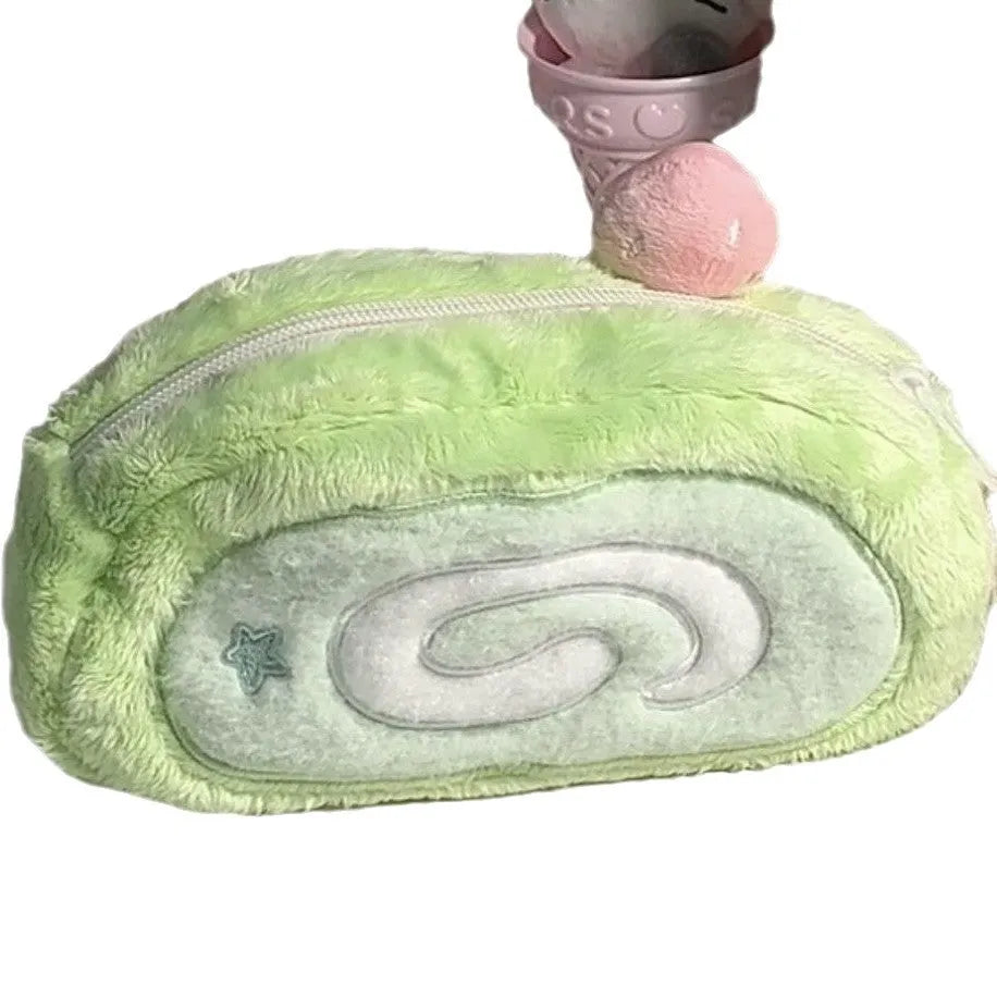 Honeydew roll plush velvet pencil case with Swiss roll cake design and zipped closure
