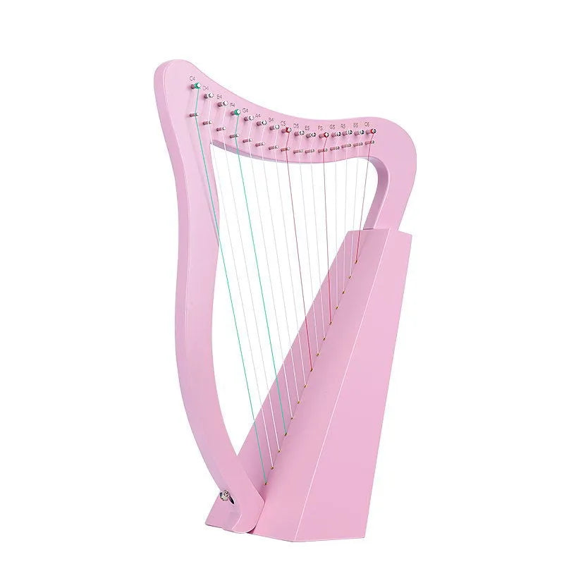 19-string 16-tone wood harp in log finish with lyre-style body for beginner musicians