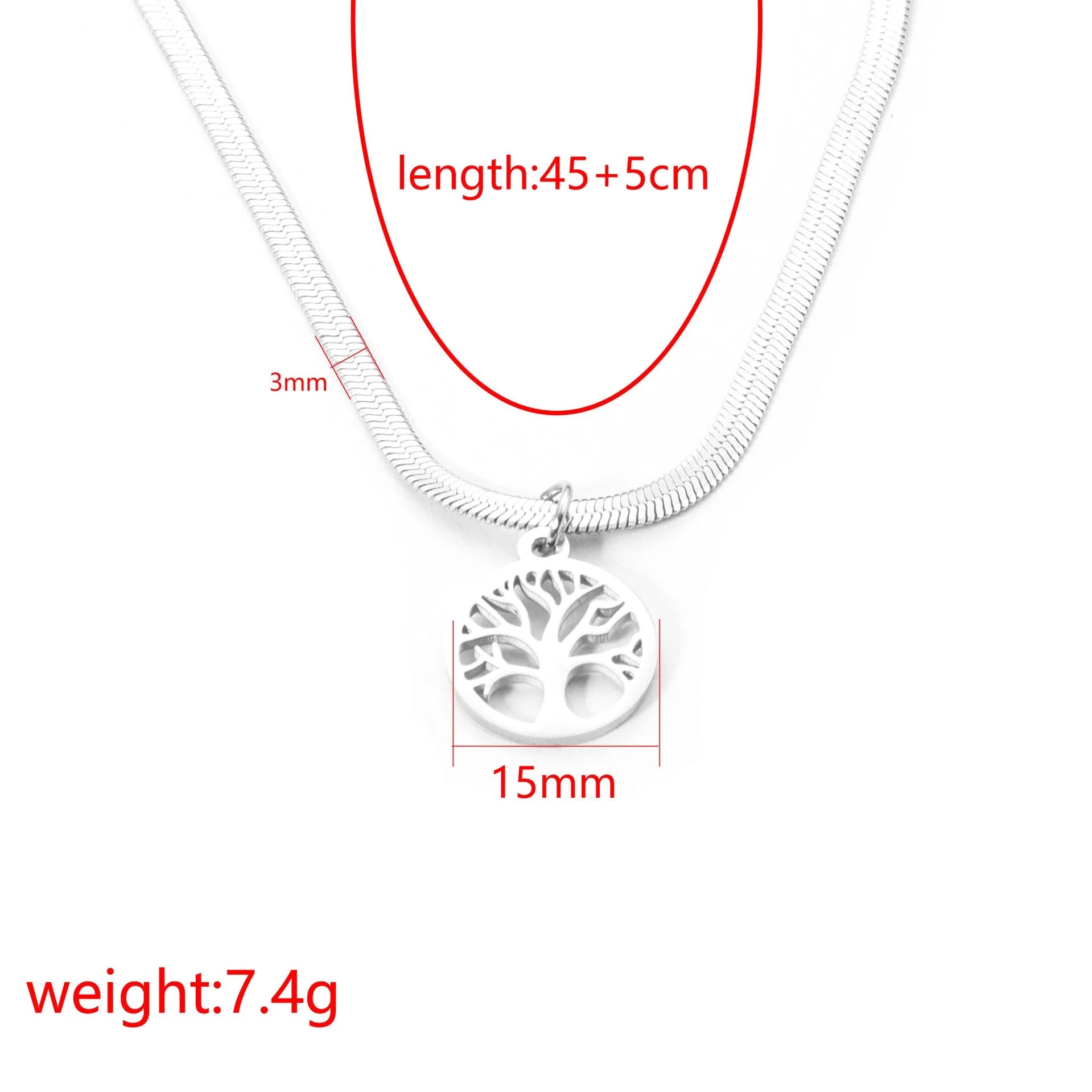 Stainless steel necklace with tree pendant on an adjustable snake bone chain in gold colour.