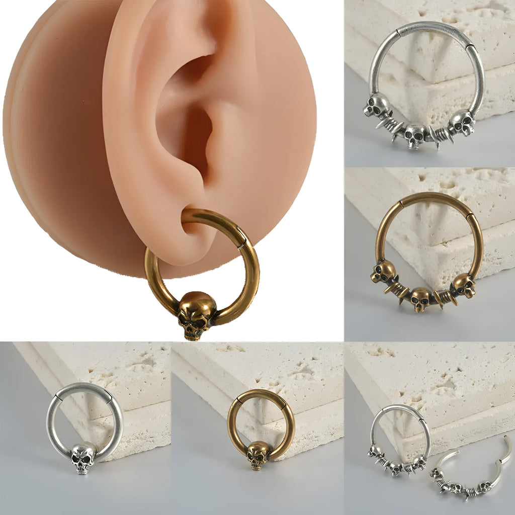 Copper punk earrings with ghost head design in antique silver or gold finish