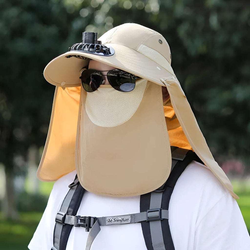 Khaki coloured sun hat with built-in USB fan and attached face covering shawl for neck protection.