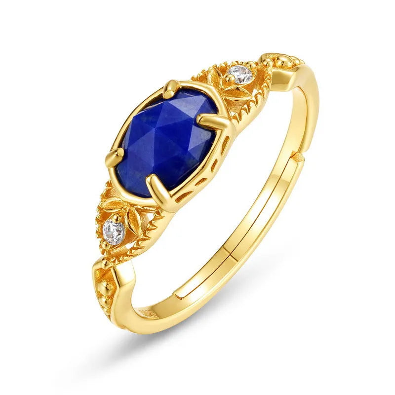 Japanese style geometric silver alloy ring with a blue lapis lazuli stone for women.