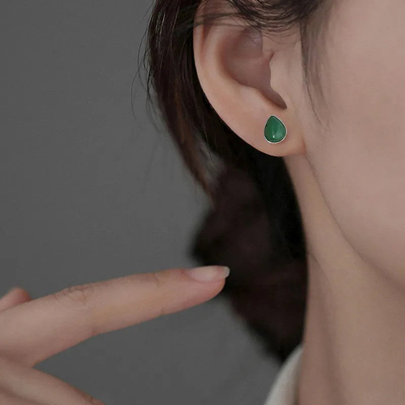 Chinese style copper drop earrings with Hetian jade water drop stud in white gold colour