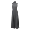 Grey slim-fit cotton dress with half turtleneck and backless design on a mannequin.