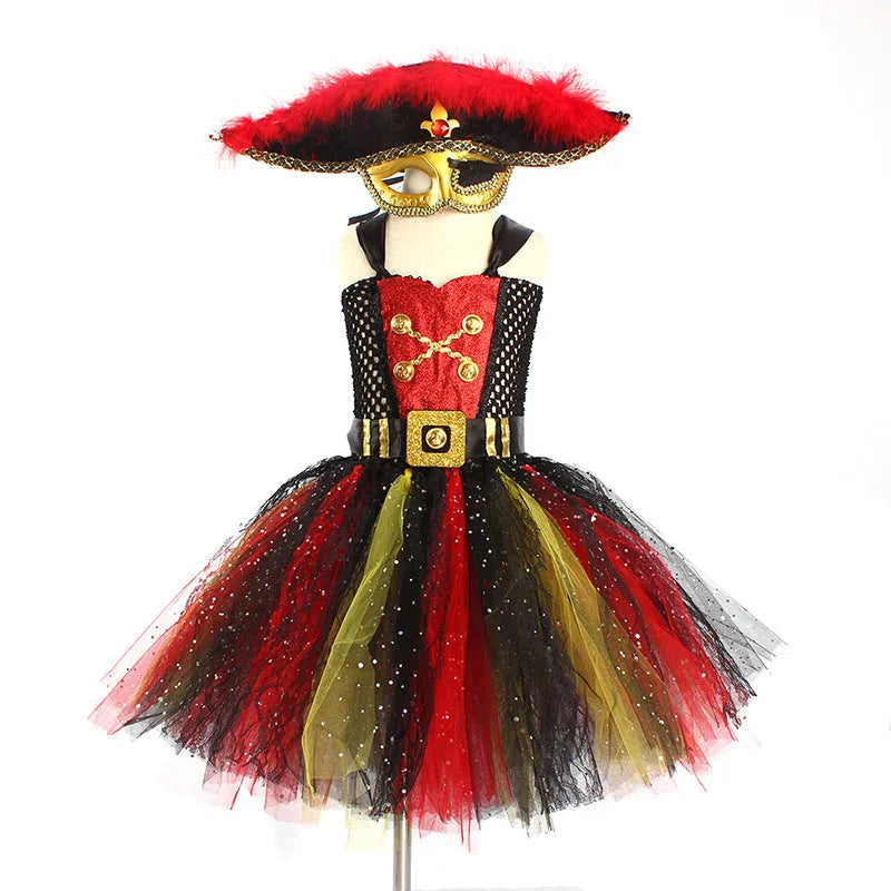 Girls sleeveless pirate dress costume with sequins and mesh for Halloween, shown in pirate skirt colour.