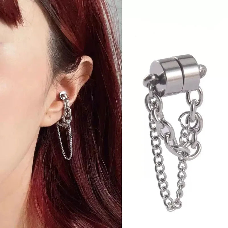 Magnetic suction non-piercing earrings with chain detail made from alloy with micro inlay in European American style