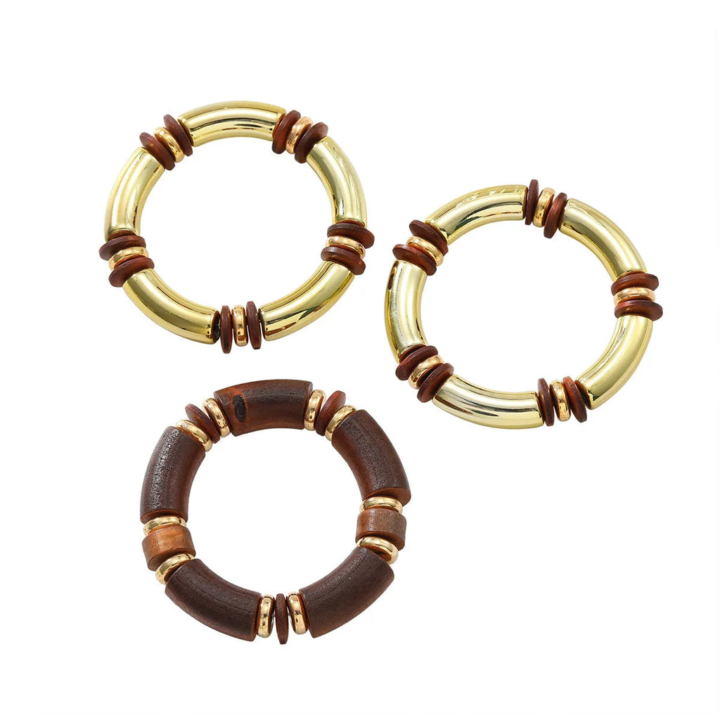 Women's multi-layer wooden necklace and bracelet set in alloy with European exaggerated style