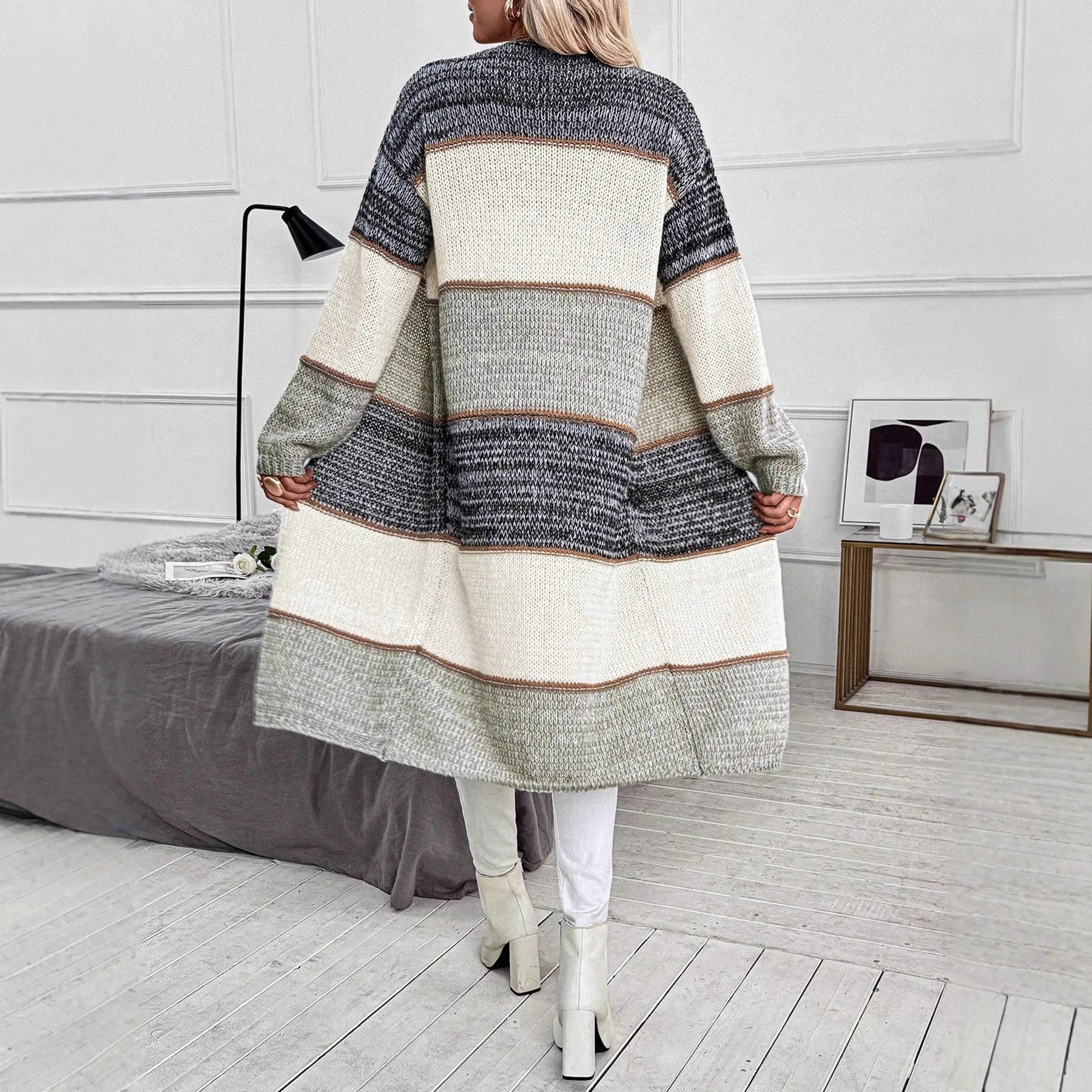 Grey women's knitted cardigan with loose fit and striped plaid pattern long sleeves