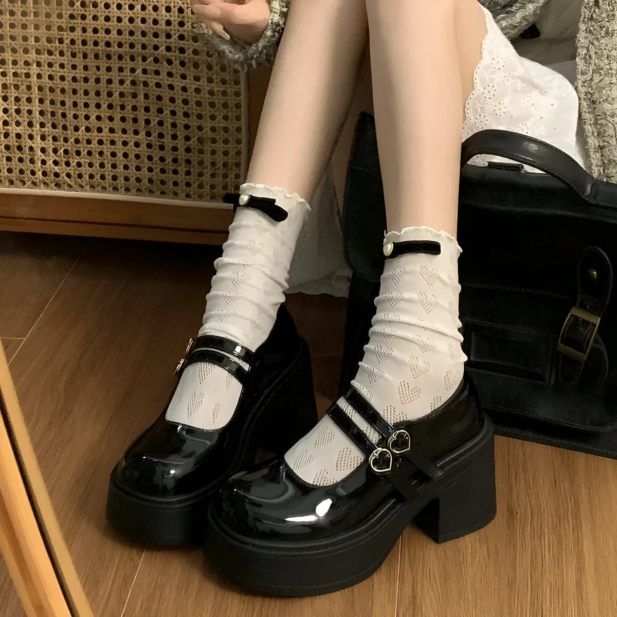 Women's round toe mid heel shoes with buckle fastening, black and milky white, sizes 35-40, rubber sole