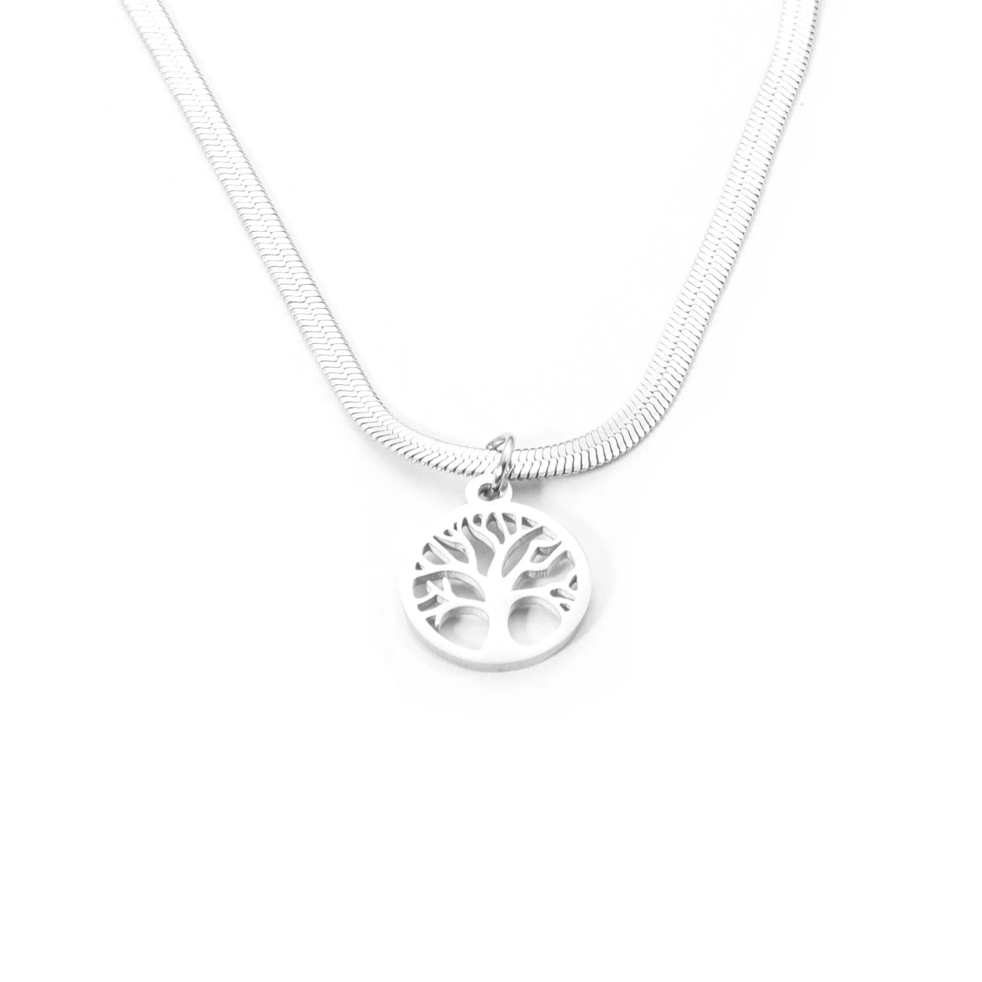 Stainless steel necklace with tree pendant on an adjustable snake bone chain in gold colour.
