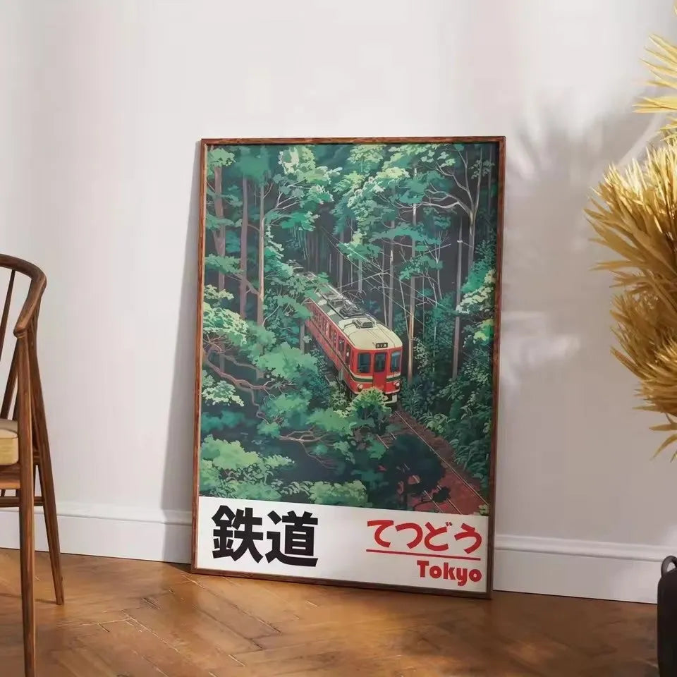 Retro Japanese landscape canvas print with railway scene, frameless Nordic wall art poster