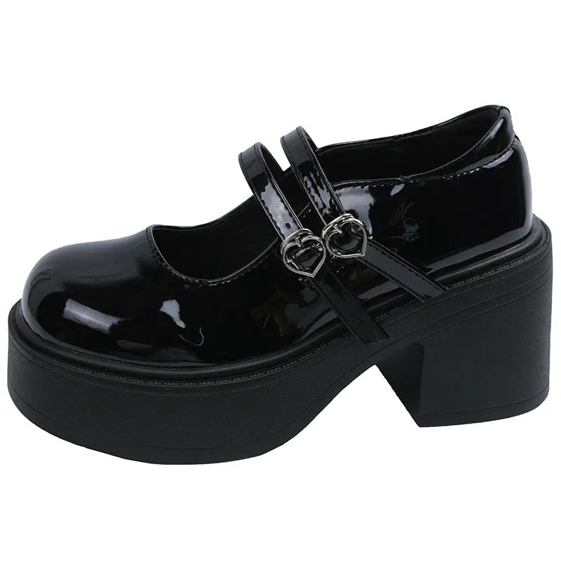 Women's round toe mid heel shoes with buckle fastening, black and milky white, sizes 35-40, rubber sole