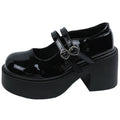 Women's round toe mid heel shoes with buckle fastening, black and milky white, sizes 35-40, rubber sole